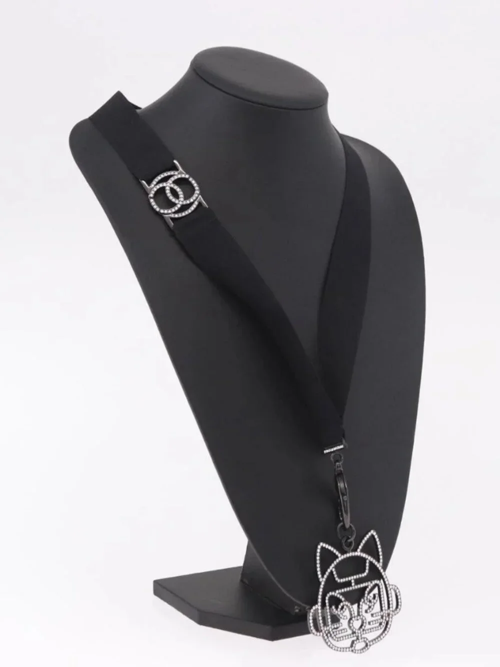 CHANEL Cat Robot Necklace metal Black CC Auth 185784M